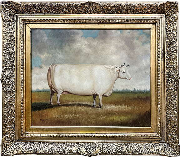 R. Stephen Johns of Grosbeak Antiques, Bloomington, Indiana, is best known for his Native American baskets, but fitting in well with his display was this oil on canvas portrait of a prize bovine, signed “Harris.” Circa 1890 and measuring 19
