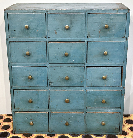 Great blue paint? Check. Nice small size? Check. This 15-drawer apothecary has the basics covered. With square-nail construction and rabbet-joint drawers, it dates to about 1850 and is 19¾
