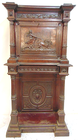 Antique carved drop-front desk, Herter quality