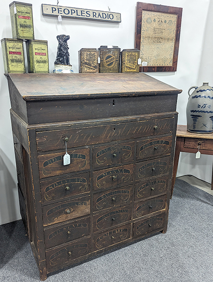 Found in Lancaster, Ohio, this early apothecary was priced at $9500 by Swala’s Antiques, Washington, Pennsylvania.