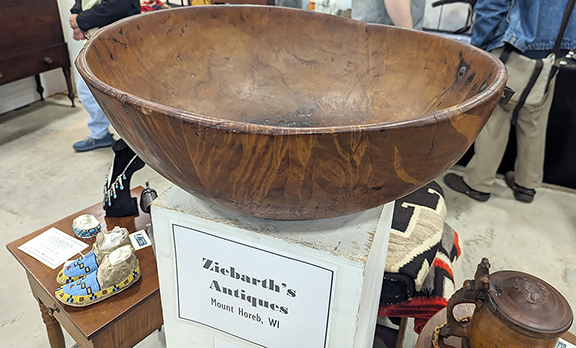 Ziebarth’s Antiques & Auctions, Mount Horeb, Wisconsin, offered this enormous cherry burl bowl for $9500. Its two mismatched handles just add to its charm.