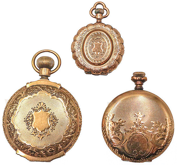 This group of late 19th-century pocket watches realized $2091 (est. $500/800). They include an ornate 14k gold American Waltham Watch Co. pocket watch, 3