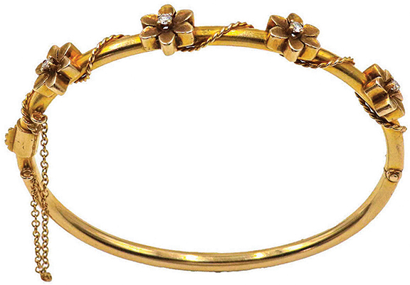 Victorian 14k gold and diamond hinged bangle bracelet with four diamond-centered flowers, $576 (est. $400/600).