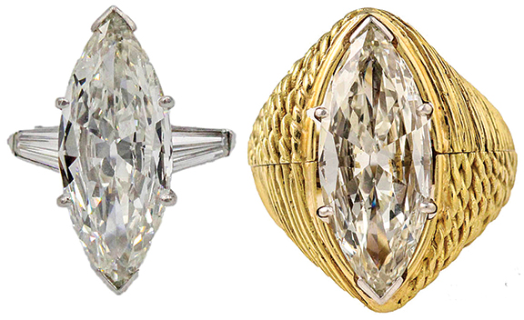 This platinum and marquise diamond engagement ring from the early 20th century sold together with a custom unmarked yellow gold cocktail jacket for $55,350 (est. $50,000/70,000) and was the top lot in the auction. It was accompanied by a GIA certificate stating that the marquise diamond weighs 6.10 carats and is K color with SI1 clarity.