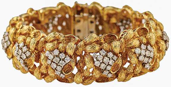 Vintage 1960s-70s brushed 18k yellow gold and diamond bracelet with approximately 5.20 carats of diamonds, 7