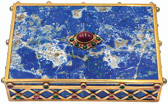 Mid-20th-century blue lapis and 14k yellow gold jeweled hinged box, possibly Russian, with semiprecious gemstones, 1½