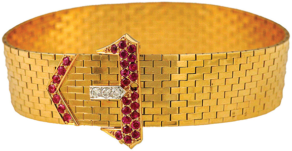 Early 20th-century Cartier 14k gold mesh buckle bracelet with rubies and diamonds, 7¾