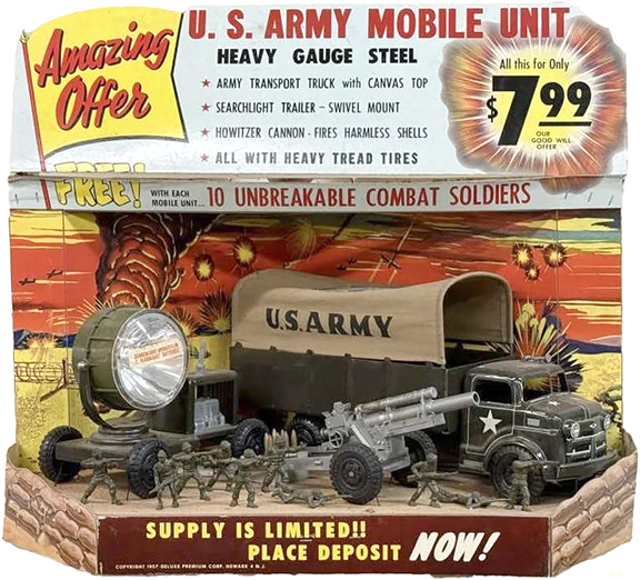 Order now for Christmas 1957! The back of this point of sale display instructs the retailer to begin to take deposits and orders for this U.S. Army Mobil Unit but to only include the display with the final order taken. The set is from the Deluxe Premium Corporation of Newark, New Jersey, and consists of a canvas-top transport truck, a howitzer that shoots harmless projectiles, a battery-powered search light, and ten “unbreakable” combat soldiers. All this for only $7.99; but remember, act now—the supply is limited. The set sold at this sale for $1897.50.