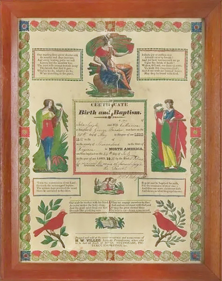 This fraktur celebrates the 1832 birth and baptism of Samuel Spigle of Shenandoah County, Virginia. The document is a hand-colored template that was commercially printed by H. W. Villee in Lancaster, Pennsylvania. The central registry is surrounded by figures and by celebratory and cautionary poems and pronouncements. The 17¼