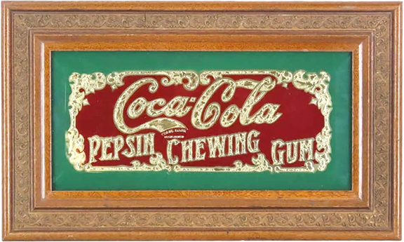 The framed Coca-Cola Pepsin Chewing Gum sign sold for $1265. The date of this 11¼