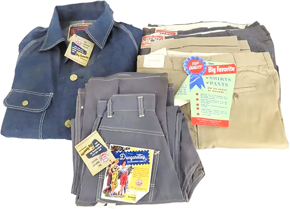 There are always surprises at auctions, and Laughlin’s offerings of new old stock clothing from a general store provided several. This lot consisted of two pairs of Blue Top brand denim pants; one Big Favorite brand denim work shirt, one pair of Big Favorite khakis; and one pair of side-zipper women’s Big Favorite Dungarettes. This lot was indeed a big favorite. It sold for $17,825.