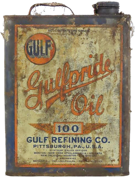 In addition to dust and spider webs, this one-gallon can of Gulfpride oil retains very desirable graphics. The Gulf logo, winged 100, and bold script lettering set it apart among the petroliana offerings. This can sold for $287.50.