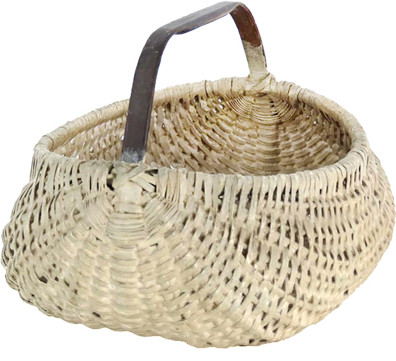 The Shenandoah Valley of Virginia oak splint basket features a carved mulberry handle and a decorative eight-splint wrap at the handle/rim juncture. The basket measures 8