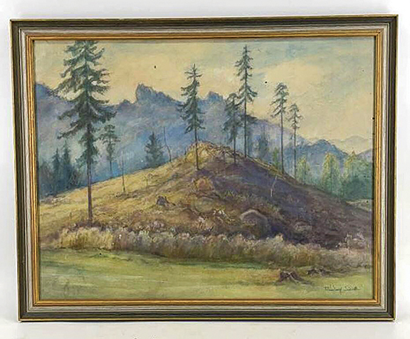 This untitled watercolor by German landscape artist Rudolf Sieck (1877-1957) depicts fir trees on a hillock, with rugged mountain peaks in the background. The painting is not dated but is signed lower right and is framed to 18½