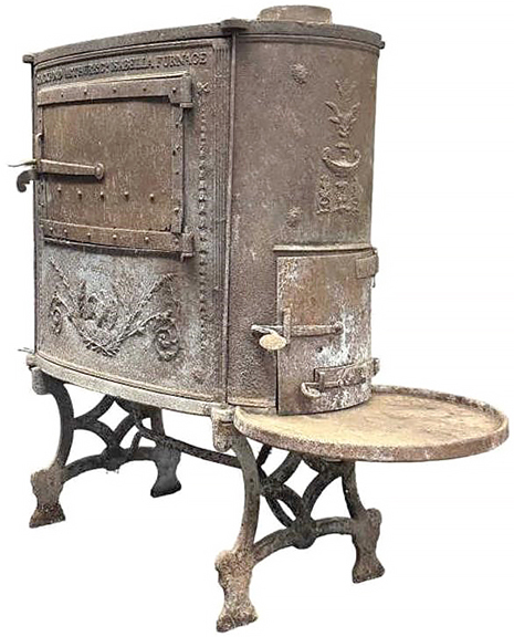 This early 18th-century ten-plate stove is from Blackford, Arthur & Company’s Isabella Furnace, located in Shenandoah (now Page) County, Virginia. The side panels are cast with the maker’s name, strings of bellflowers, and a federal eagle amid foliage. The end panels are also cast with various decorative ornamental devices. The original ash tray and legs are present. According to Hoyle Laughlin III, the stove was removed from its original home. This complete stove sold for $3105.