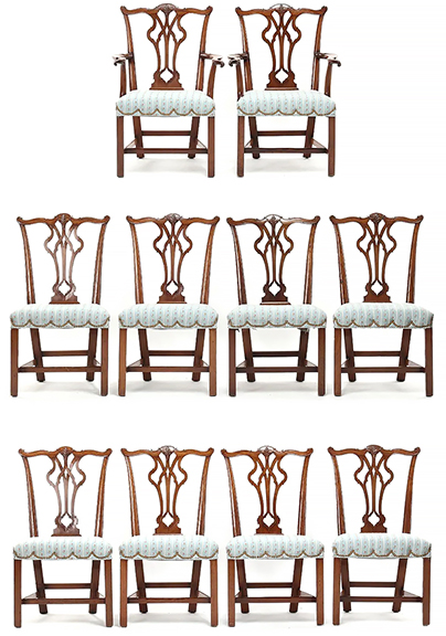 On-site bidder Olin Melchionna of Vero Beach, Florida, purchased this set of ten late 18th-century English Chippendale carved mahogany dining chairs for $12,600 (est. $2000/4000). The eight side chairs are 38½