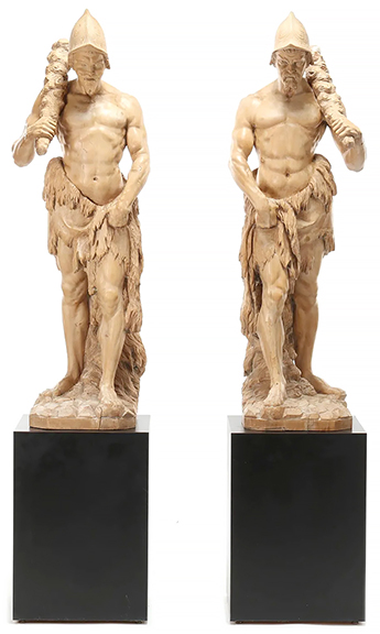 The Salzhauer estate consigned these fierce-looking, club-toting, helmet-wearing Renaissance Revival wooden warriors. The unsigned circa 1900 figures measure 54