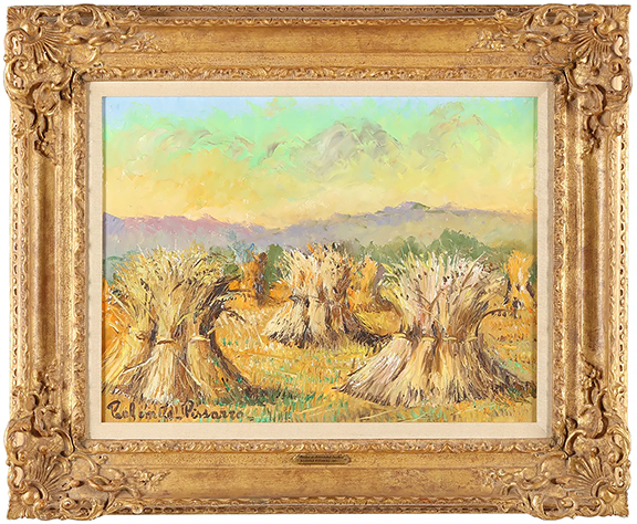In 1967 Wally Findlay Galleries, New York City, held a solo show of Paul Émile Pissarro’s paintings to introduce the 83-year-old painter to a broader audience of collectors. The gallery consigned to the auction Gerbes de Blés, Soleil Couchant (Sheaves of Wheat, Setting Sun) by Pissarro (1884-1972), this 18