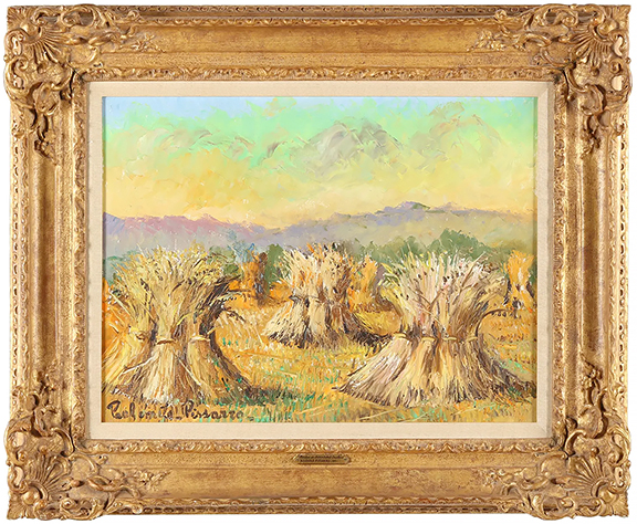 In 1967 Wally Findlay Galleries, New York City, held a solo show of Paul Émile Pissarro’s paintings to introduce the 83-year-old painter to a broader audience of collectors. The gallery consigned to the auction Gerbes de Blés, Soleil Couchant (Sheaves of Wheat, Setting Sun) by Pissarro (1884-1972), this 18