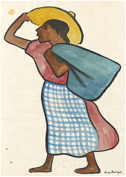 Catalogued as Mujer cargando ayate, this work by Diego Rivera (Mexican, 1886-1957) is titled Woman with Apron on a Gimbel Brothers, New York City, label on the reverse. The 15 3/8