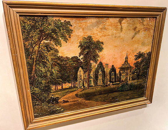 A reverse painting on glass depiction of Sunnyside, the home of author Washington Irving in Tarrytown, New York, was $750 from Joy Hanes of Hanes & Ruskin Antiques, Niantic, Connecticut. The source is the Currier & Ives print Sunnyside on the Hudson. The painting sold to a collector who lived around the corner from Irving’s home.