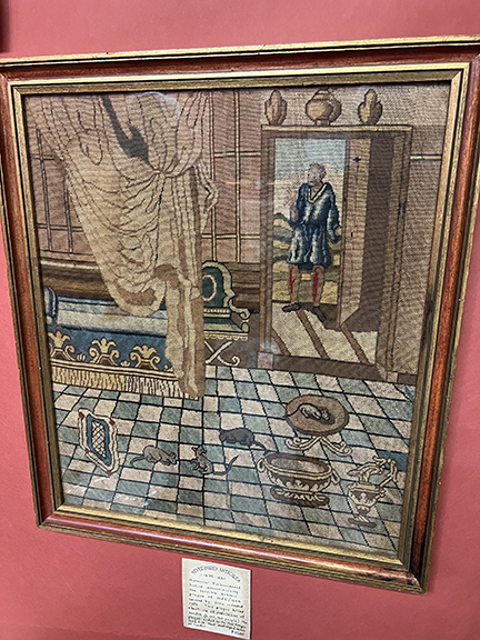 The 1675-90 embroidered picture memorializing the bubonic plague of 1665-66—see the rats?—was $3200 from Neverbird Antiques, Surry, Virginia.