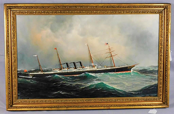 City of Rome by Danish/American artist Antonio Nicolo Gasparo Jacobsen (1850-1921) depicts a steam vessel of the Inman line that was considered by many to be the most beautiful to cross the Atlantic. Sadly, while the building contract stipulated a steel hull, iron was substituted, resulting in an exceptionally heavy ship. The 20½