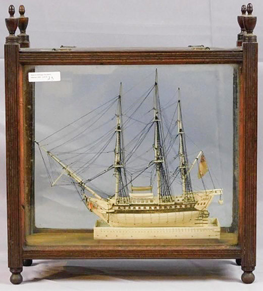This bone and baleen model of a prisoner-of-war ship, Desiree, dates from between 1794 and 1817 and was made by a French prisoner in an English prison. The 38-gun ship was captured from the French and added to the British Navy. From the Webb estate, the approximately 10