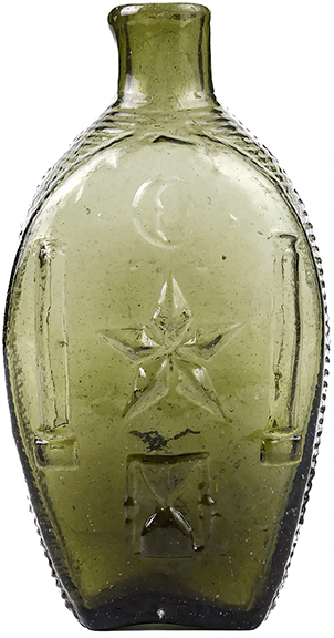 This olive half-pint blown-molded Masonic flask is rare. It is decorated with a crescent, an hourglass, and the twin pillars of Boaz and Jachin. The 6