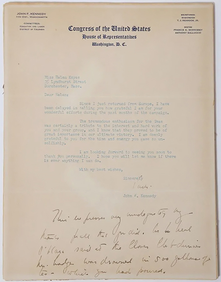 This 1952 letter from John F. Kennedy to Helen Mary Keyes thanks her for her work for his campaign. She had orchestrated a series of teas to introduce the candidate to voters. Kennedy wrote that “O’Hara said at the Clover Club dinner Mr. Lodge was drowned in the 500 gallons of tea which you had poured.” Kennedy had defeated Henry Cabot Lodge for Congress. The letter, estimated at $2000/4000, realized $2108. The tea set (not shown) used at the many campaign teas was also offered and sold for $1240.