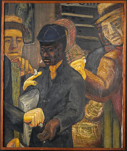 This unsigned Harlem Renaissance school painting, The Newsboy, oil on canvas, 36