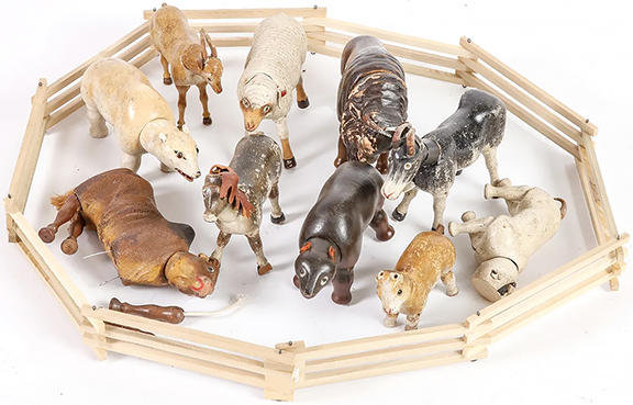 This group of ten animals made by the A. Schoenhut Company of Philadelphia brought $3224 (est. $600/1200). Albert Schoenhut (1849-1912), who came from a toy-making family in Würtemberg, Germany, arrived in Philadelphia in 1866 at age 18 to repair toy pianos for the John Wanamaker store. A few years later he opened his own toy-making company.