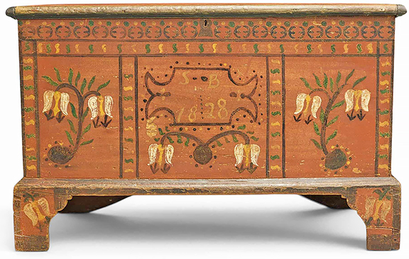 Somerset County, Pennsylvania, paint-decorated blanket chest in poplar, with initials and date “SB / 1828,” original red paint with tulips, bracket feet, 24