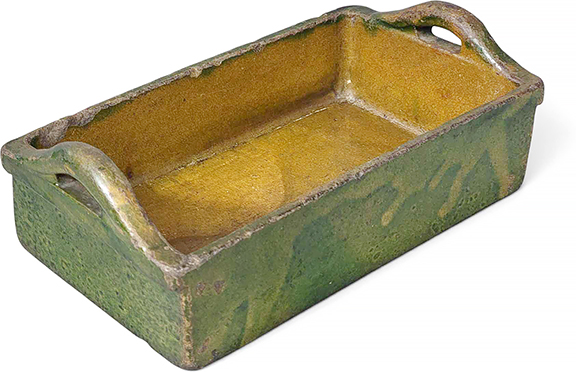 Redware loaf pan in a green glaze, possibly Zoar, Ohio, first half of the 19th century, 3½