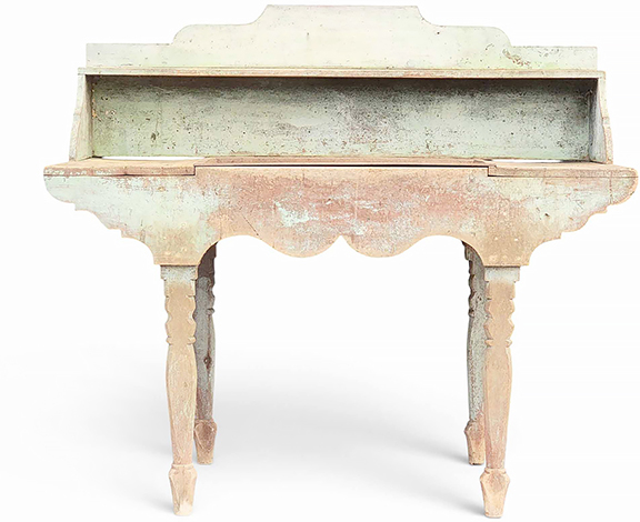 Unusual dry sink found in Wayne County, Ohio, third quarter of the 19th century, poplar with its original blue paint, high back, the surface inset with a cast-iron sink, turned legs, 48½