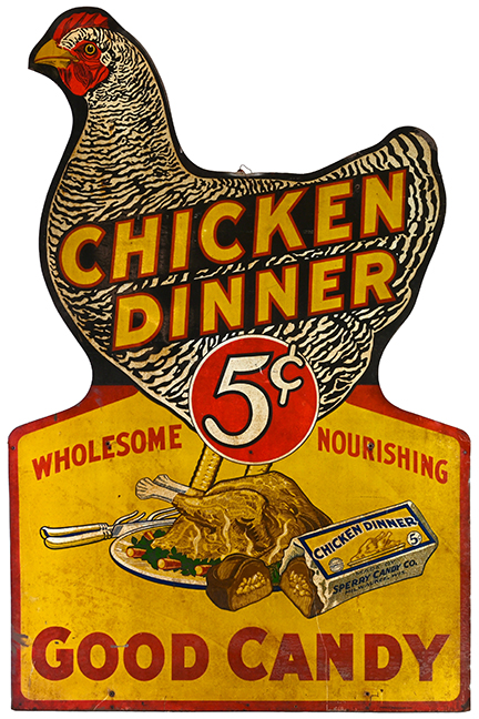 Very Rare Tin Litho Large Chicken Dinner Candy Sign