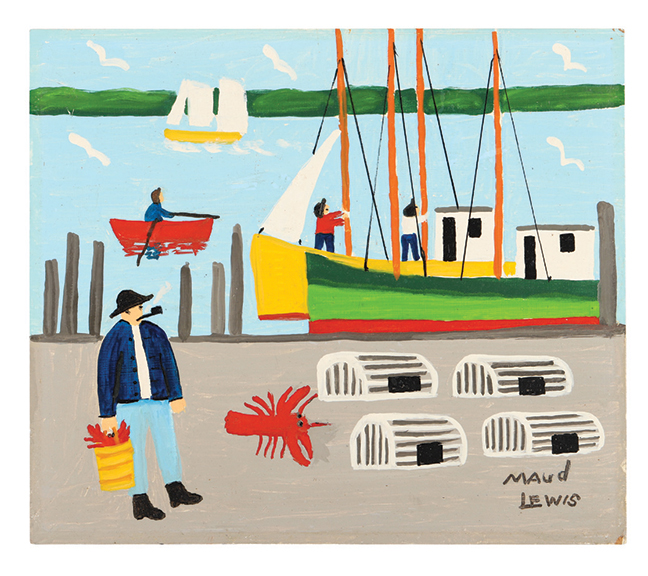 Lewis, Maud (1903-1970). Marshalltown, Nova Scotia. ‘Man with Lobster Traps.’ Mixed media. Dated 1967. Estimate $35,000/$50,000.
