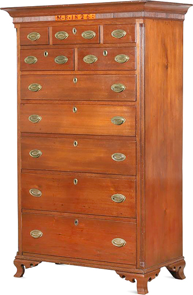 Walnut chest of drawers from Waterloo County, Ontario, commissioned by Samuel Bricker (1776-1868) as a wedding gift to his eldest daughter, Mary (1805-1883). The chest is initialed “MB 1826” on the matchstick frieze under the cove-molded cornice. 