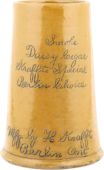 Attributed to the Huron Pottery in Egmondville, Ontario, during Ferdinand Burgard’s tenure as owner/operator, this earthenware advertising stein, 11¾