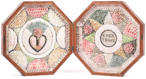 Sailor’s valentine, with a heart surmounted by a rose and fan on the left side and “Ever Thine” at the center of an eight-pointed star on the right, the 14