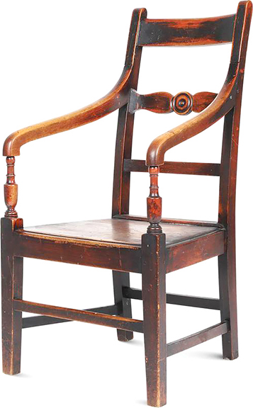 Ontario Regency country armchair, 1825-40, original brown paint, with a single shaped medial slat with a carved roundel at the center, sloping arms, turned arm posts, and tapered legs with a box stretcher base, found in Kingston, Ontario, 39