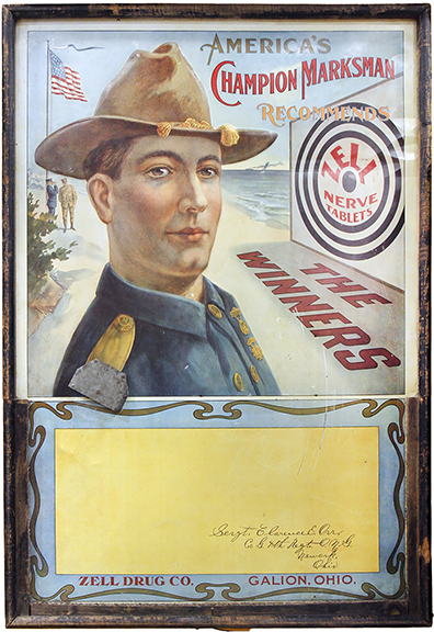 Sometimes there’s a story beyond the story. Priced at $14,500 was this Zell Nerve Tablets sidewalk sign in embossed tin with a wooden frame and a support leg on the back. Measuring 40½