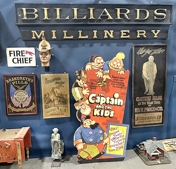 Advertising? Check. Americana? Check. William Powell of Franklin, Tennessee, had the market covered. His display included a “Billiards” sign at $6500; “Millinery,” $1200; “Fire Chief,” $475; a firefighter’s helmet, “Chief / Salem / FD,” $1600; “Brandreth’s Pills,” $4600; “Sheboygan Boot & Shoe Co.,” with a Native American camp scene, $7500; a copper figural architectural element, $850; The Captain and the Kids standup display, $1800; and “Who’s Your Tailor? / Ed. V. Price & Co.,” $6750.