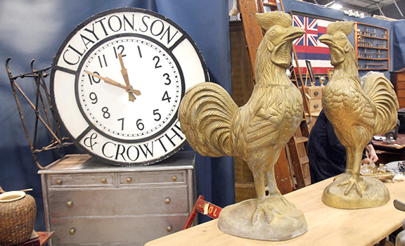 Susan Fleener-Apple and Keith Fleener of Tarkington Interiors, Indianapolis, Indiana, didn’t know much about their large outdoor clock advertising “Clayton, Son & Crowther,” priced at $3400 and measuring 46