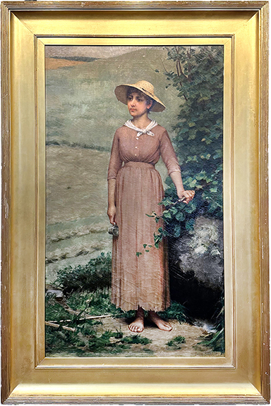 Standing out among the artwork in the booth of William Union of Art & Antique Gallery, Holden, Massachusetts, was this Daniel Strain (1847-1925) full-length portrait of a barefoot woman in an outdoor setting, oil on canvas, 46