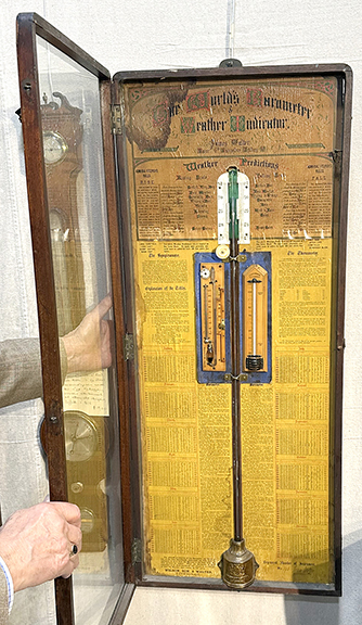 John Forster of Barometer Fair, Sarasota, Florida, has been in business for 40 years, but this deluxe instrument, labeled “The World’s Barometer and Weather Indicator,” was described as “the only one I’ve ever seen.” Having a barometer, sympiesometer, and thermometer, it was made by Wilson, Son & Walter of Liverpool, England, mid-19th century. The instruments included some ivory parts, all in a large mahogany case measuring 41