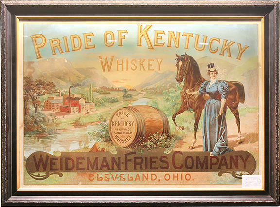  To understand the scarcity of this Pride of Kentucky advertising sign, you have to know a little about longtime dealers Kim and Mary Kokles of Garland, Texas. They’ve specialized in advertising since biblical times, it seems. At one point in their career, they owned the largest and most important advertising show in the country. They’ve been exposed to a gazillion pieces of advertising, yet Kim noted that this sign was only the second example he had seen. Lithographed paper, marked lower left copyright 1896 by Weideman-Holmes Co. (which later was known as Weideman-Fries), the sign measures 27½