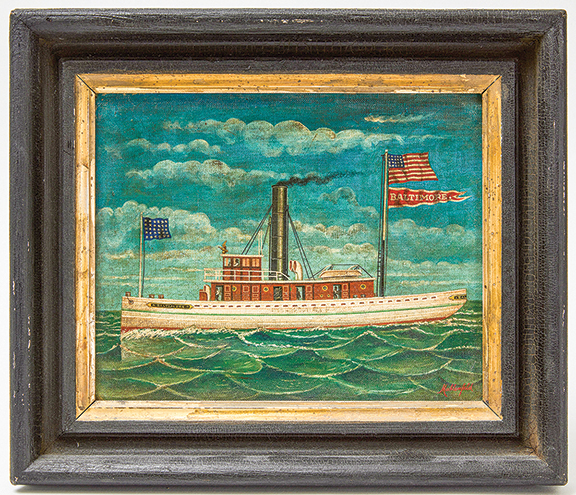 This portrait of the tug Baltimore by Otto Muhlenfeld (1871-1907), who was known as the “Baltimore port painter,” was painted around 1892. The oil on board, 8