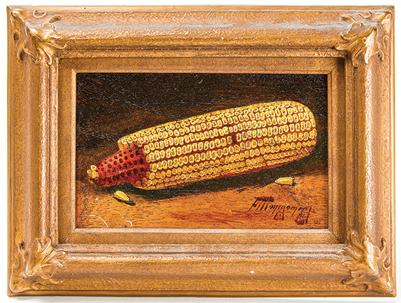 Alfred Montgomery’s still life of a single ear of corn, oil on a cigar box lid, 5¼