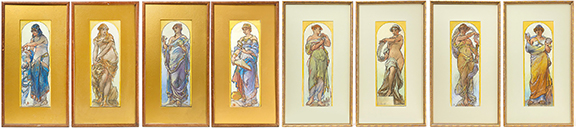 The set of eight circa 1897 pastel studies for murals at the Library of Congress by Scottish-born Walter Shirlaw (1838-1909) opened at $1000 and sold for $10,000 (est. $2500/4500). The studies, each 19¼